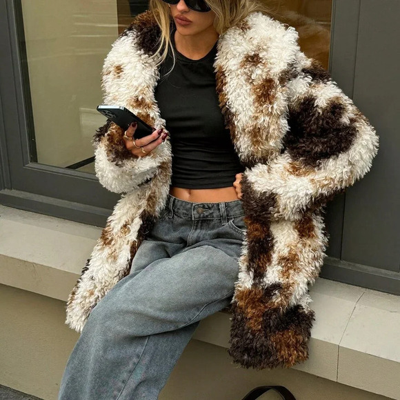 Multicolor Casual Womens Tie-Dye Print Thick Loose Fit Long Fluffy Winter Jacket - Picture 3 of 8